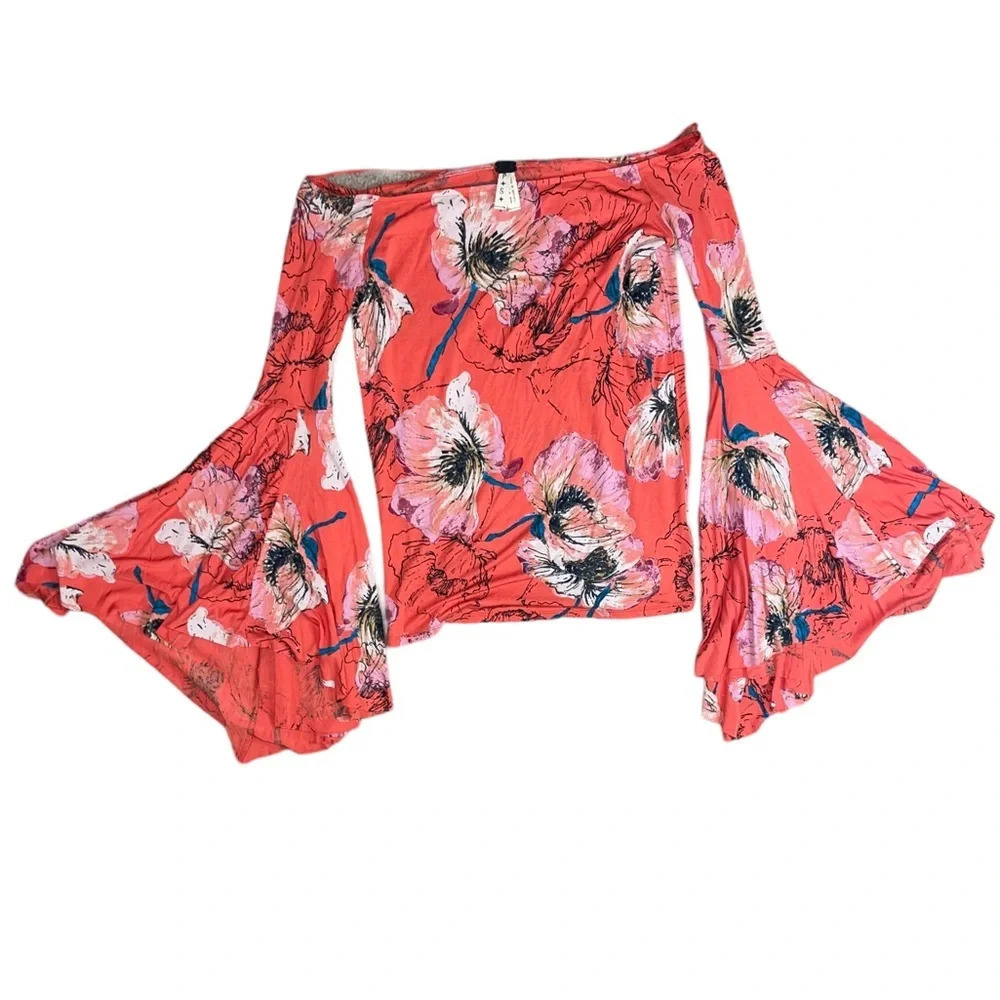 We The Free Orange Floral Top Butterfly Bell Sleeve Birds of Paradise Size Small